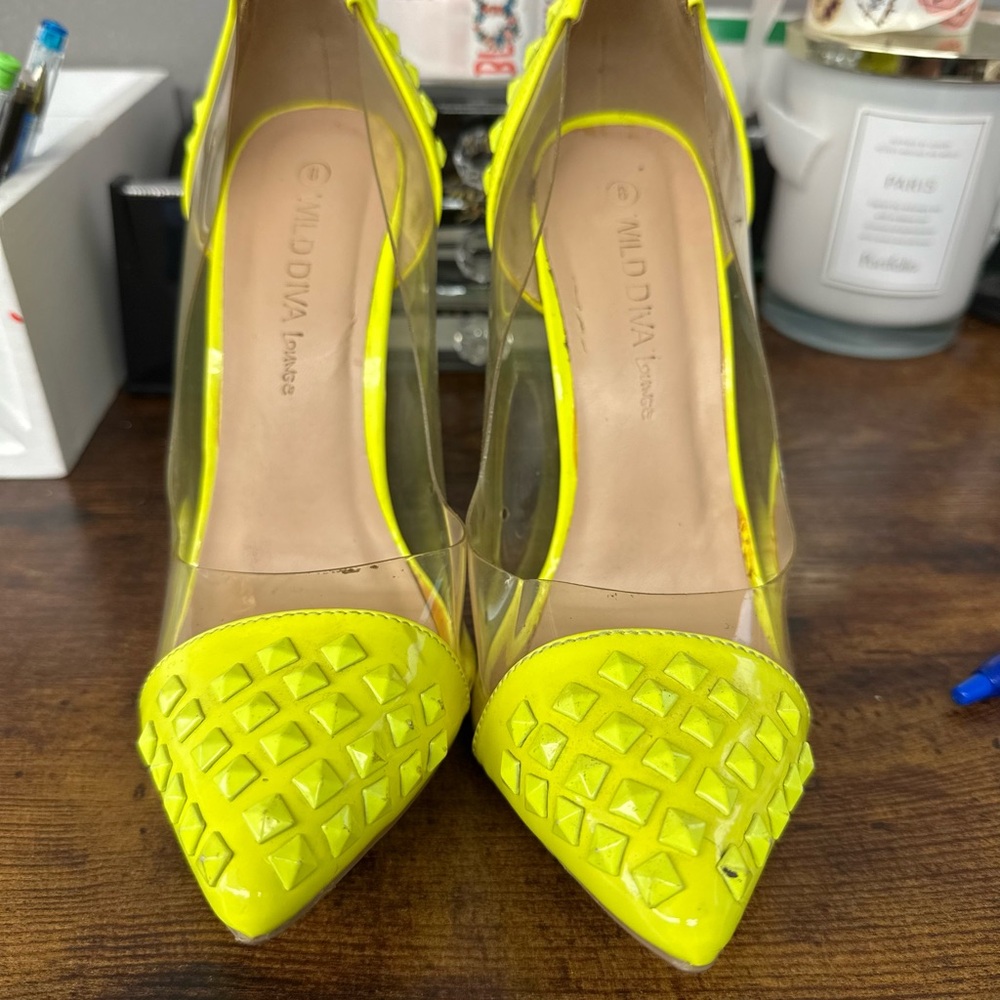 Wild Diva Neon Lime Studded Clear Side Stiletto Heels - Picture 8 of 9